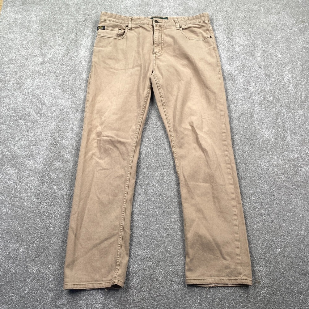 Roots Men's Regular Fit Straight Leg Stretch Chino Pants Size 33 Beige Mid Rise